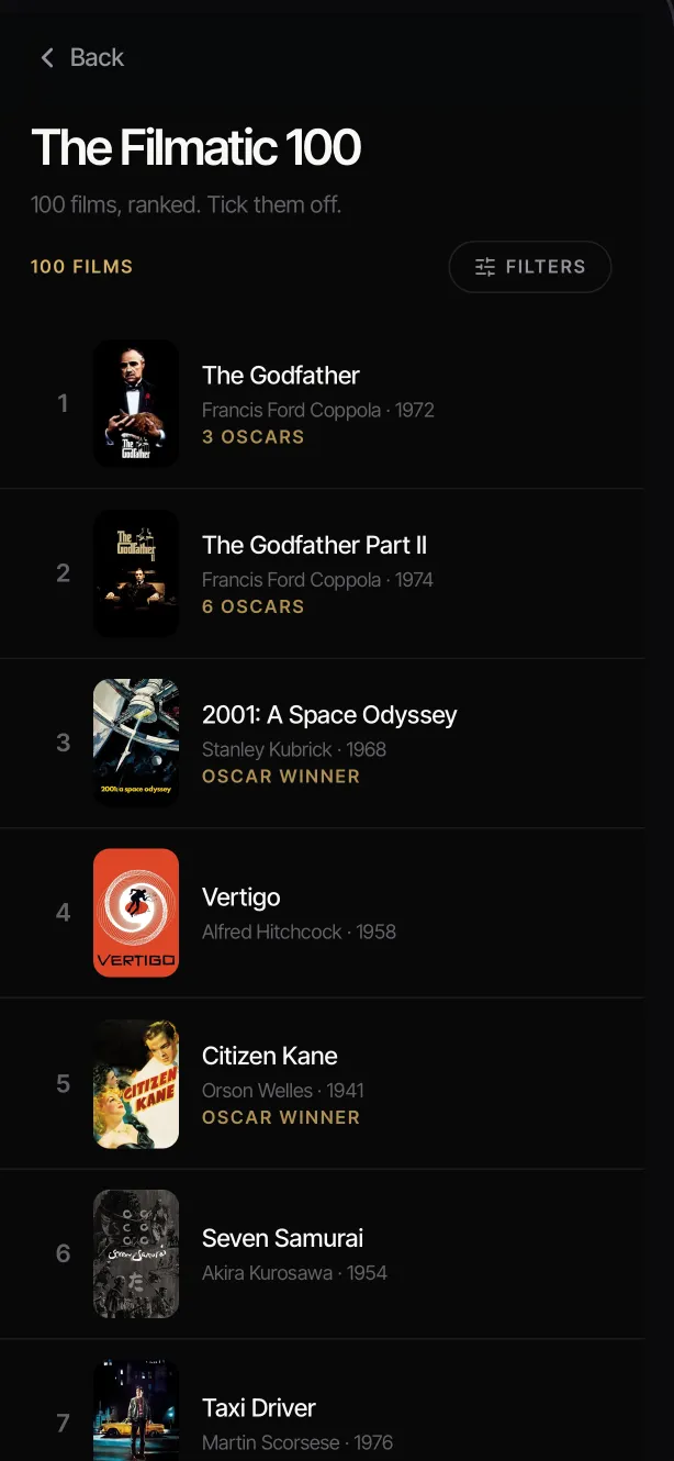 The Filmatic 100, a ranked list of movies with directors and years