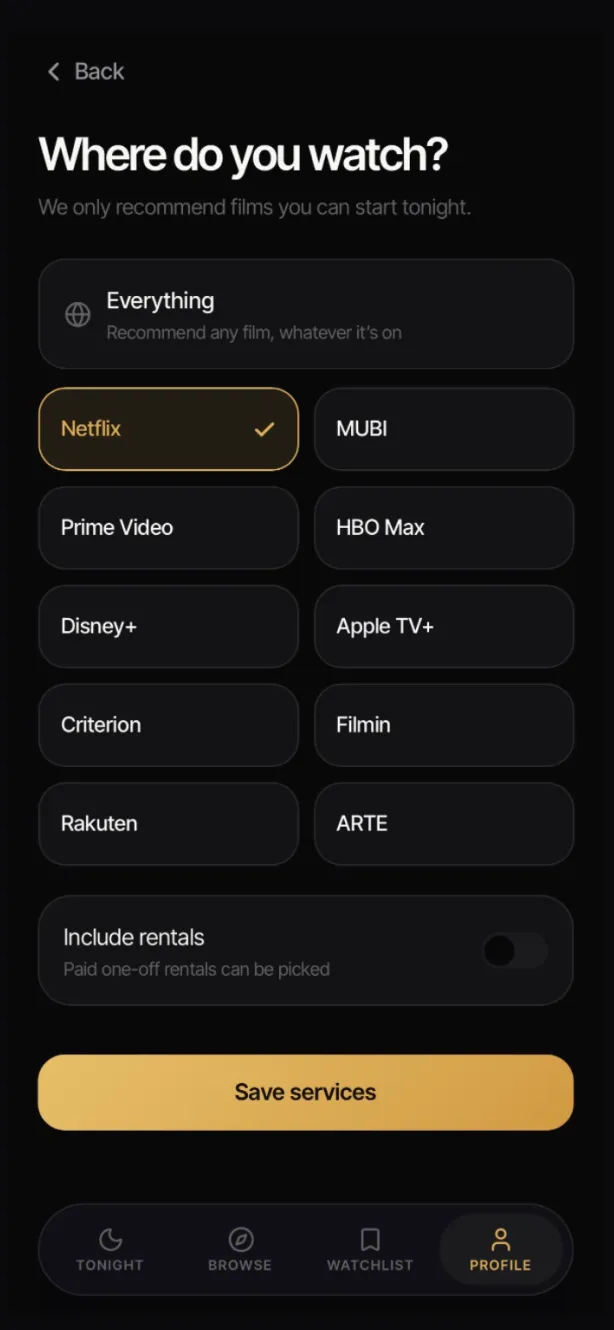 The services screen, with Netflix, MUBI, Criterion and HBO Max selected